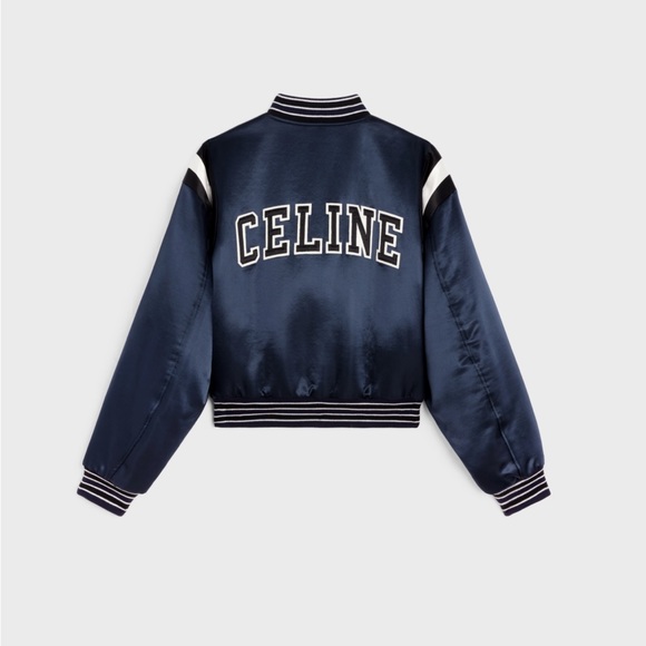 CELINE CROPPED BOMBER JACKET IN THICK SATIN NAVY - Picture 4 of 9